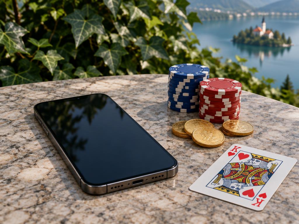 Pametni telefon, igralni žetoni in zlatniki na marmornati mizi