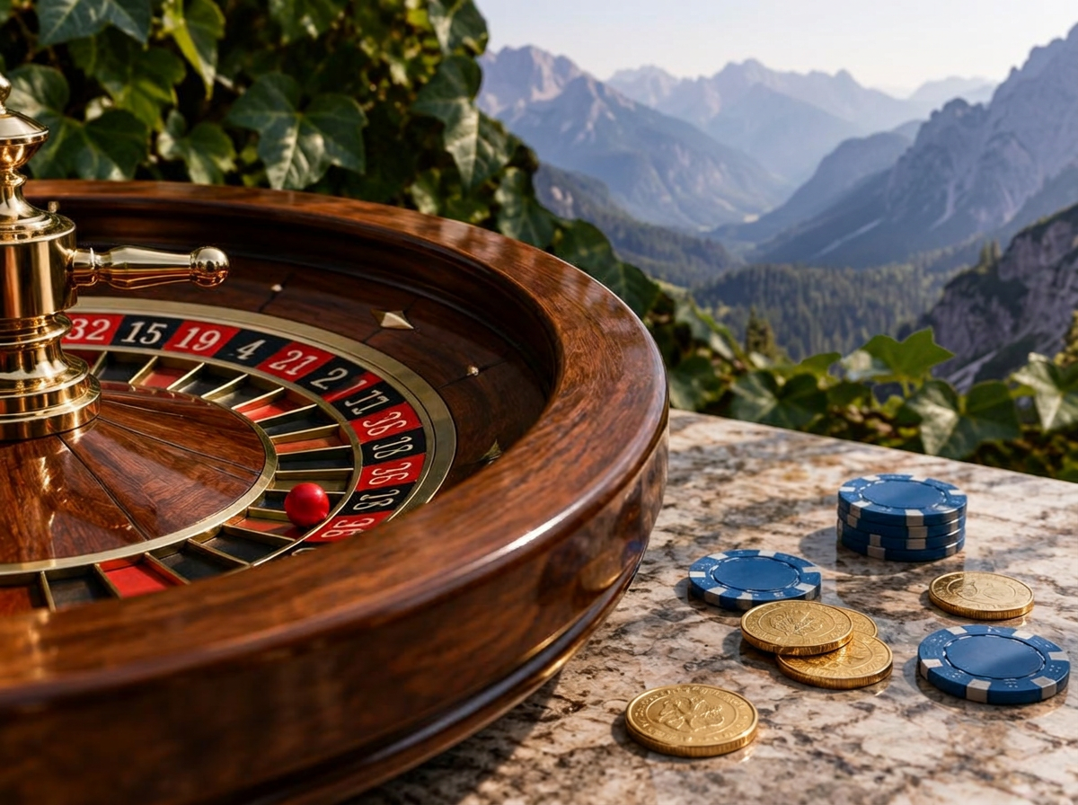 Ruleta, igralni žetoni in zlatniki na marmornati mizi